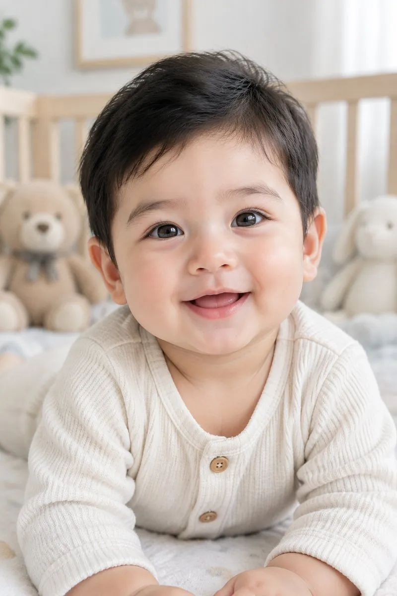AI baby generator: parent 1 + parent 2 → a baby boy in a nursery, leaning toward the second parent — try-on result