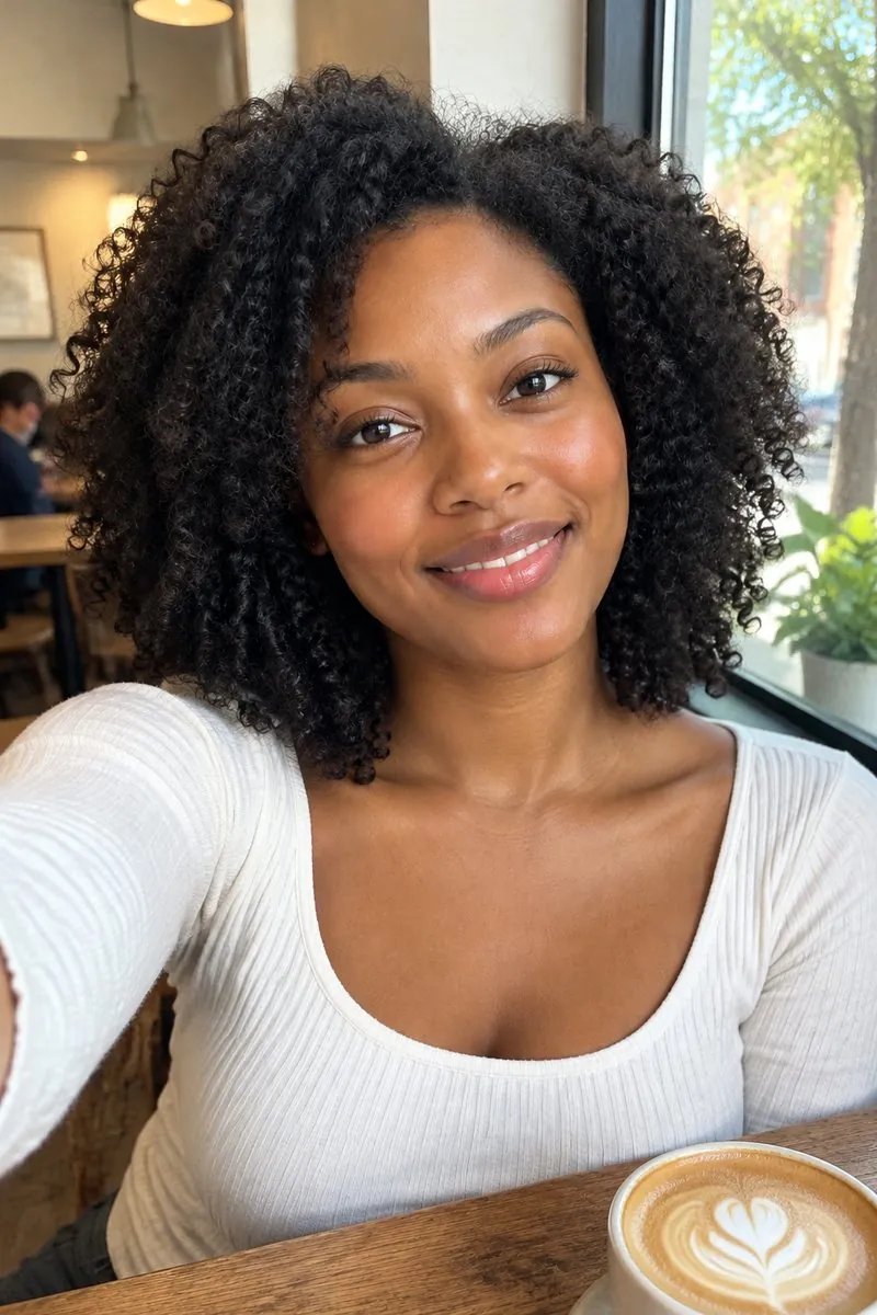 AI selfie generator: original photo → a cafe window selfie with a latte — result