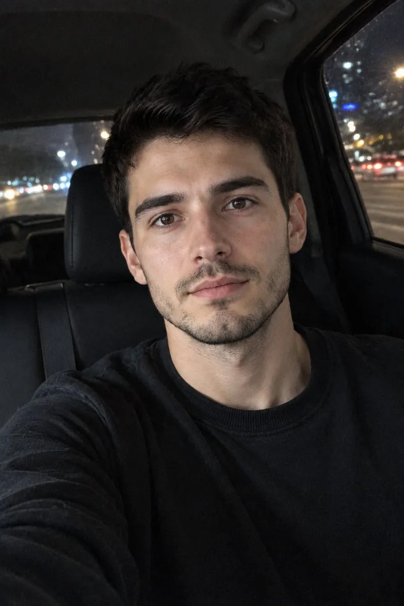 AI selfie generator: original photo → a night selfie in the back seat of a car — result