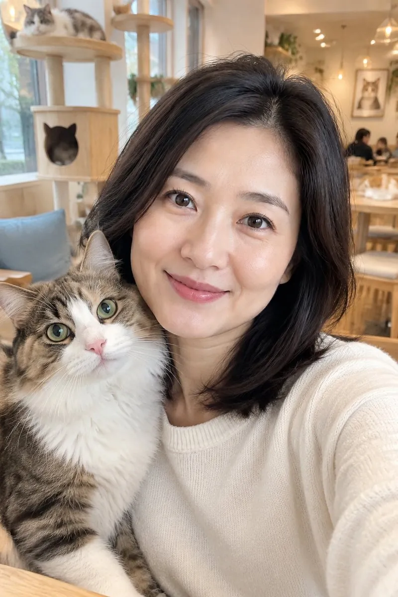 AI selfie generator: original photo → a cat cafe selfie with a cat — result
