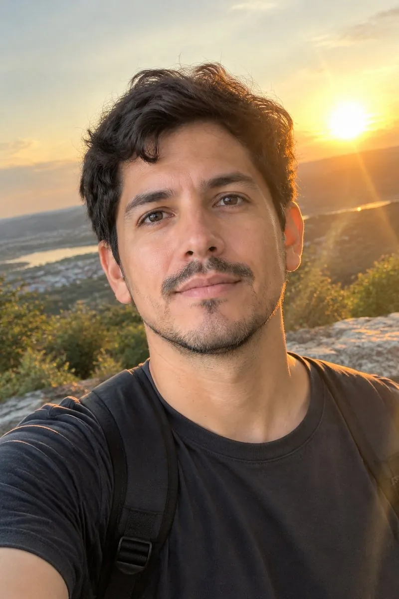 AI selfie generator: original photo → a golden-hour selfie outdoors — result