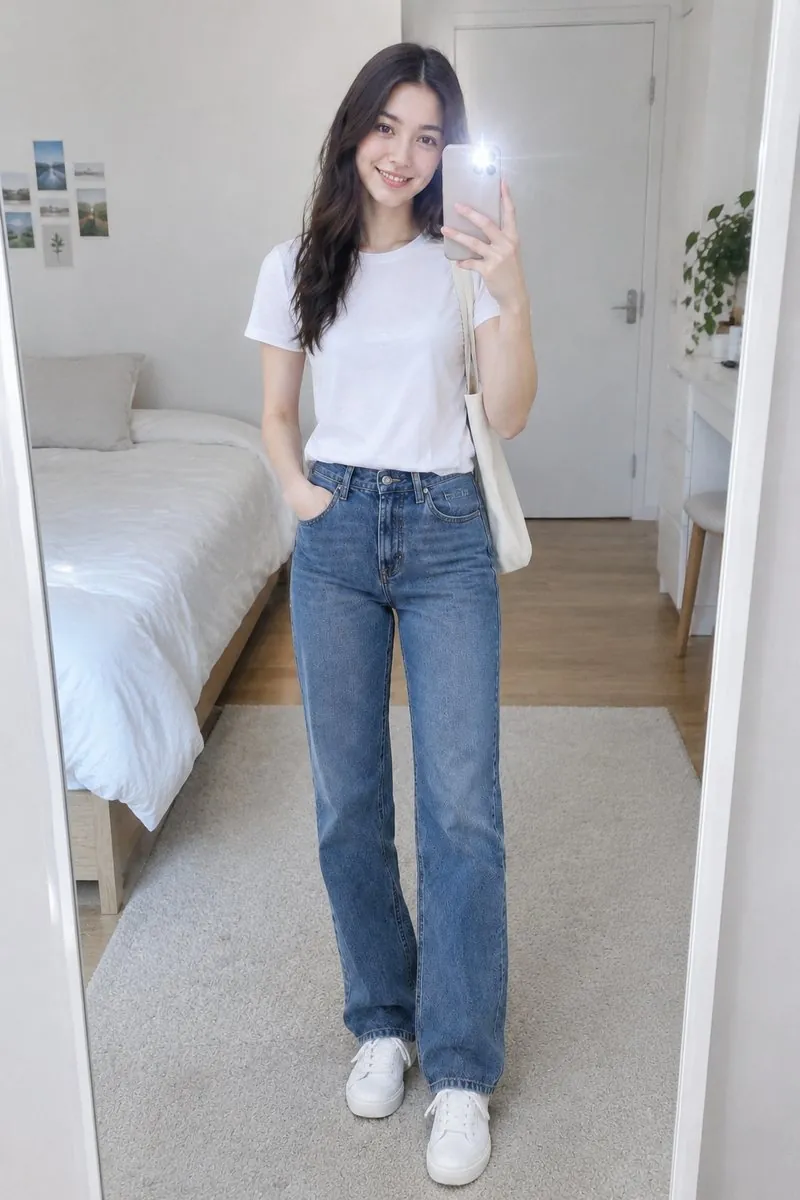 AI selfie generator: original photo → a full-length outfit mirror selfie — result