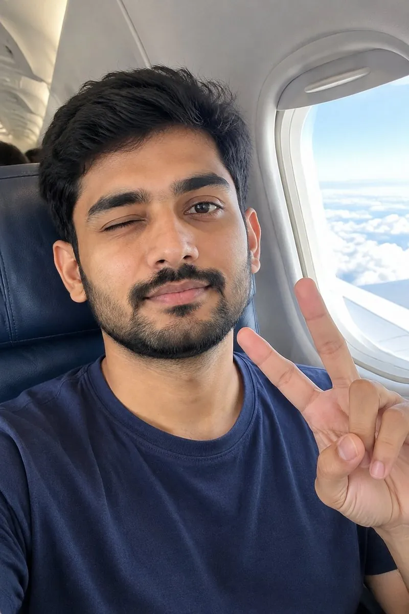 AI selfie generator: original photo → an airplane window selfie — result