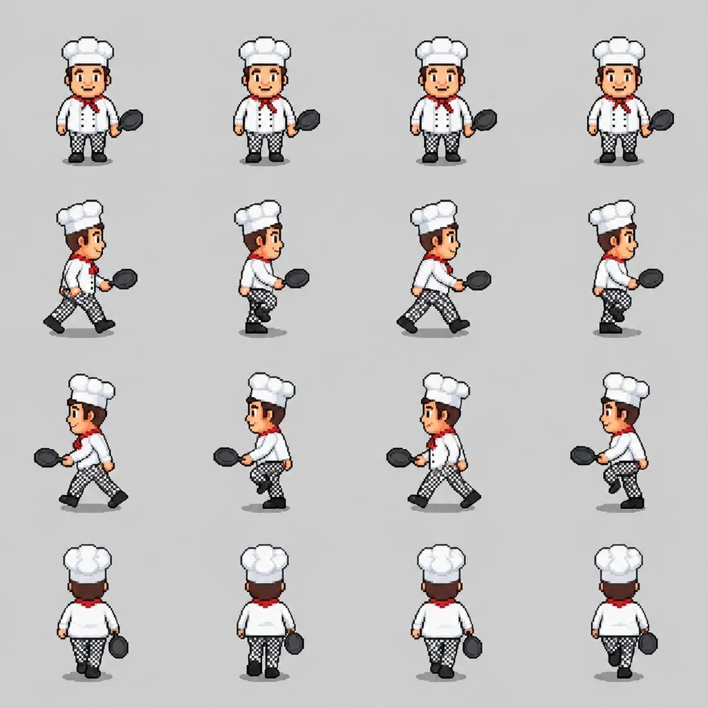 Sprite sheet of a chef with a frying pan and its walk cycle playing — original photo