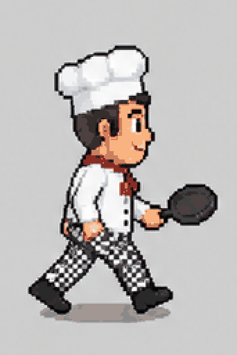 Sprite sheet of a chef with a frying pan and its walk cycle playing — result