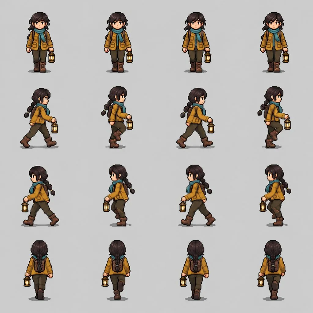 Sprite sheet of an explorer with a lantern and its walk cycle playing — original photo
