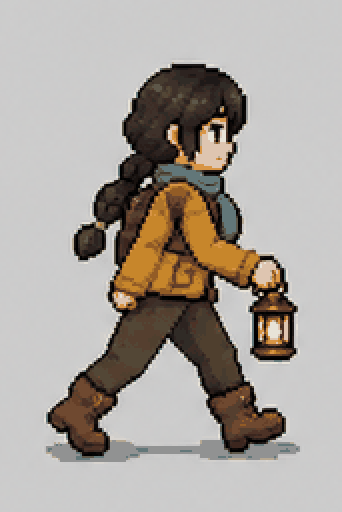 Sprite sheet of an explorer with a lantern and its walk cycle playing — result