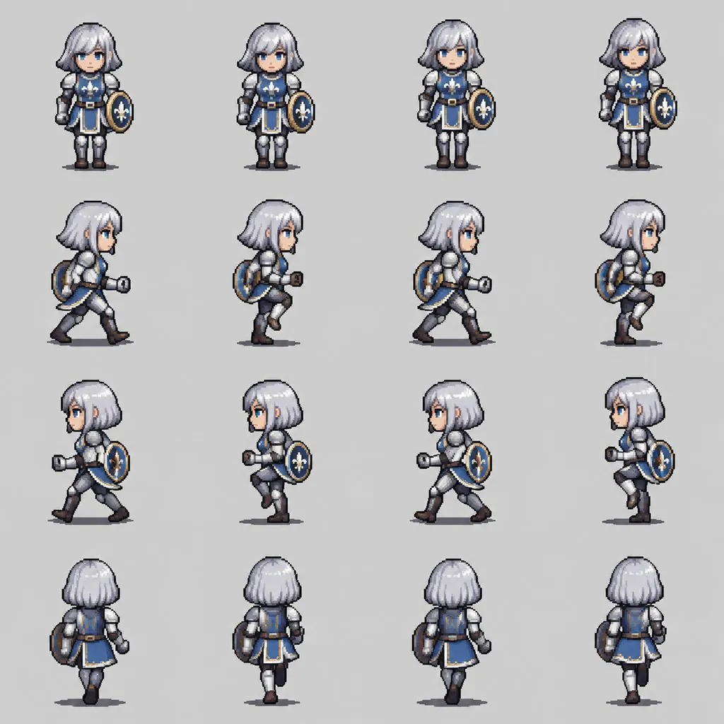 Sprite sheet of a knight with a round shield and its walk cycle playing — original photo