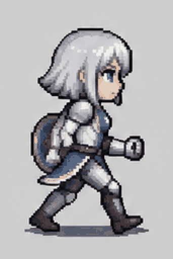 Sprite sheet of a knight with a round shield and its walk cycle playing — result