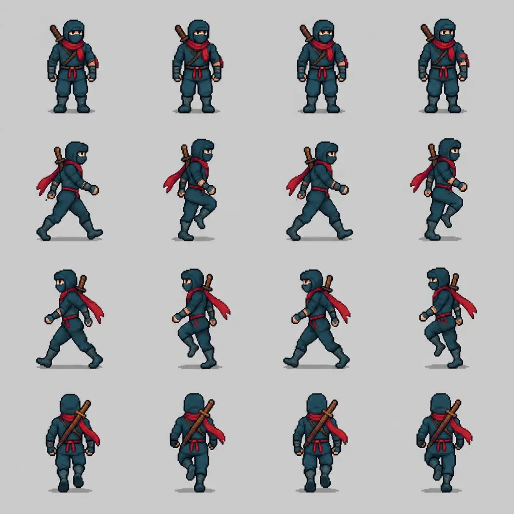 Sprite sheet of a ninja with a red scarf and its walk cycle playing — original photo