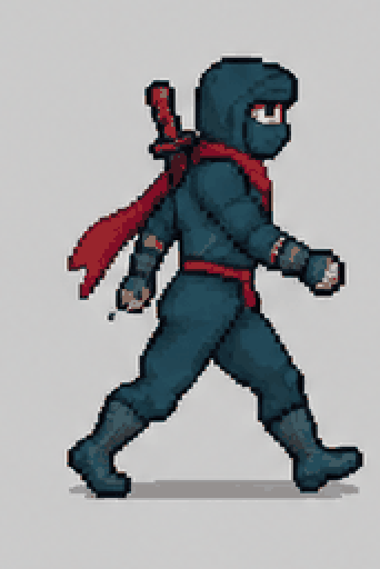 Sprite sheet of a ninja with a red scarf and its walk cycle playing — result
