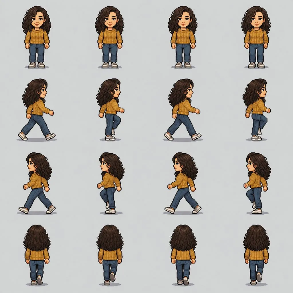 Photo of a woman in a mustard sweater turned into a pixel-art sprite sheet — result