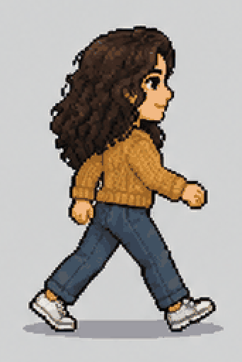 Sprite sheet generator: a photo of a woman in a mustard sweater turned into a walking pixel-art sprite