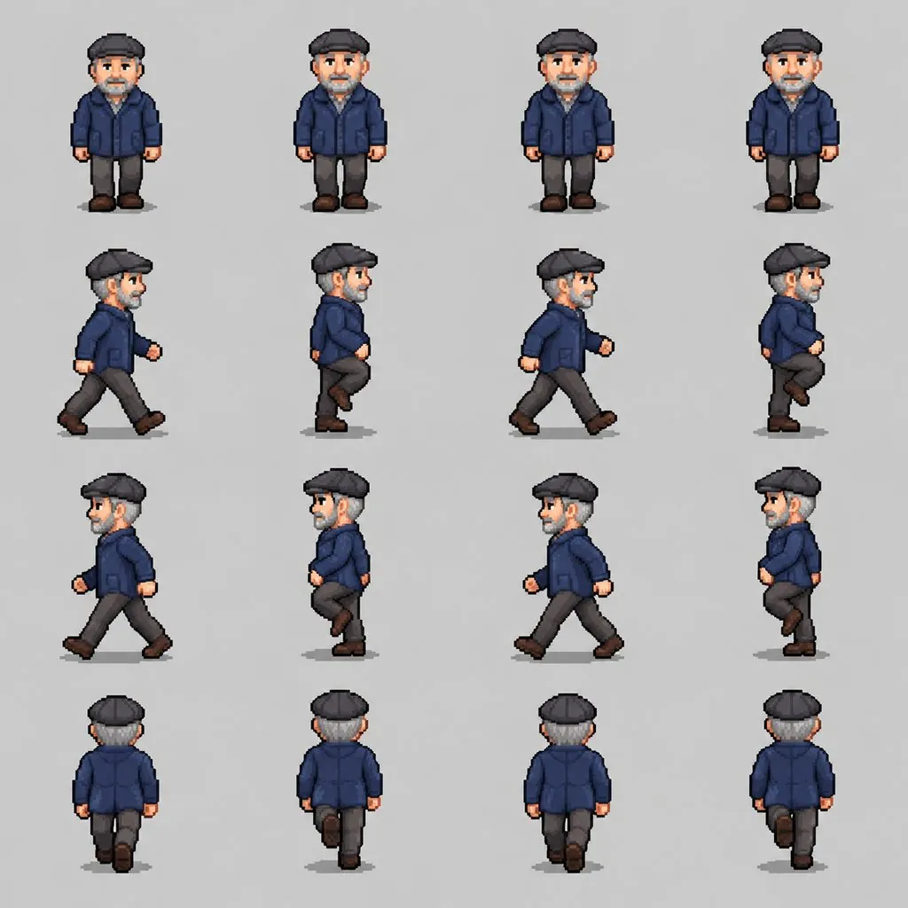 Photo of a man in a flat cap turned into a pixel-art sprite sheet — result