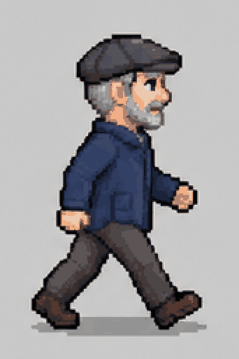 Sprite sheet generator: a photo of a man in a flat cap turned into a walking pixel-art sprite