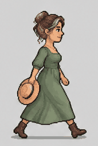 Sprite sheet generator: a photo of a woman in a green dress turned into a walking pixel-art sprite