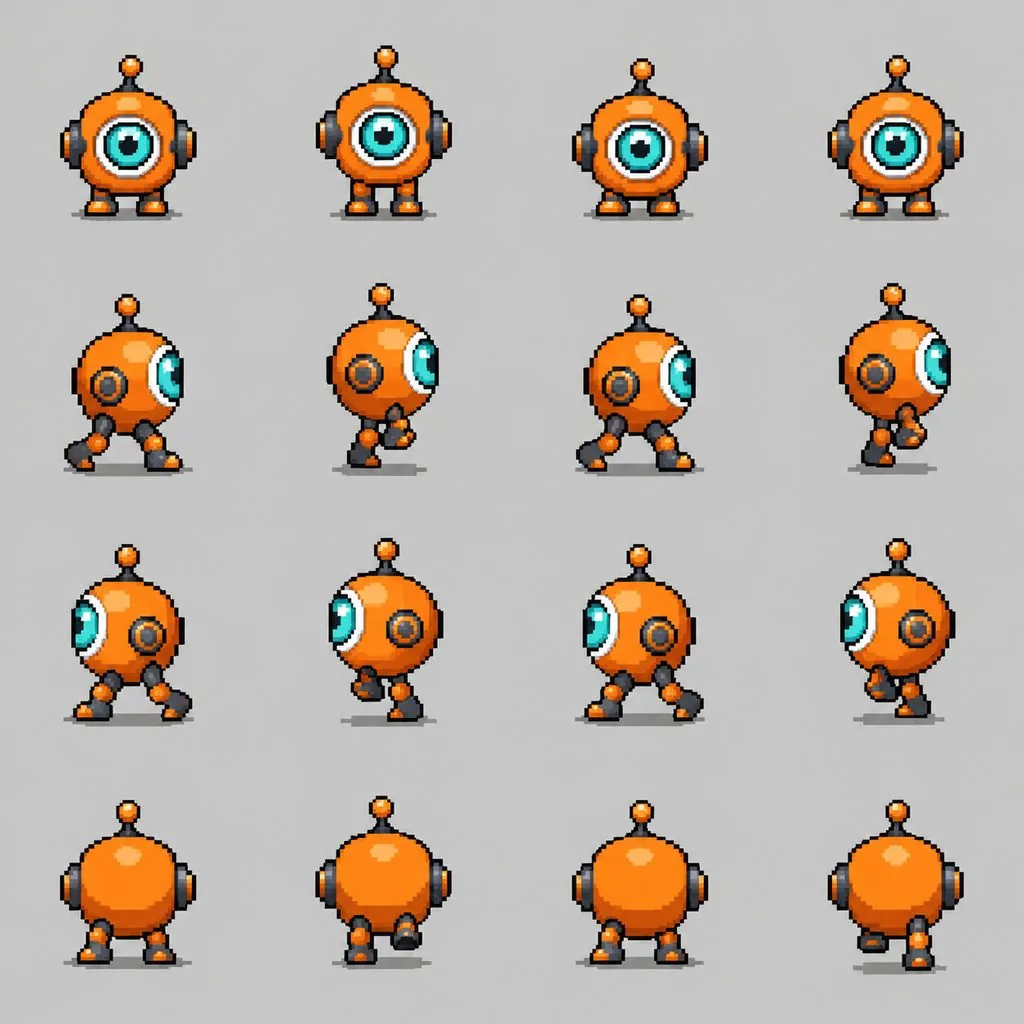Sprite sheet of a small orange robot and its walk cycle playing — original photo