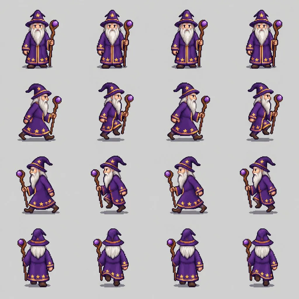 Sprite sheet of an old wizard with a staff and its walk cycle playing — original photo