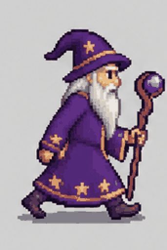 Sprite sheet of an old wizard with a staff and its walk cycle playing — result