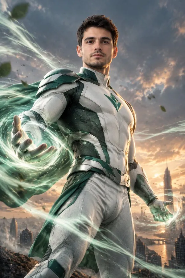 Superhero generator result: an original hero poster with the uploaded face — result