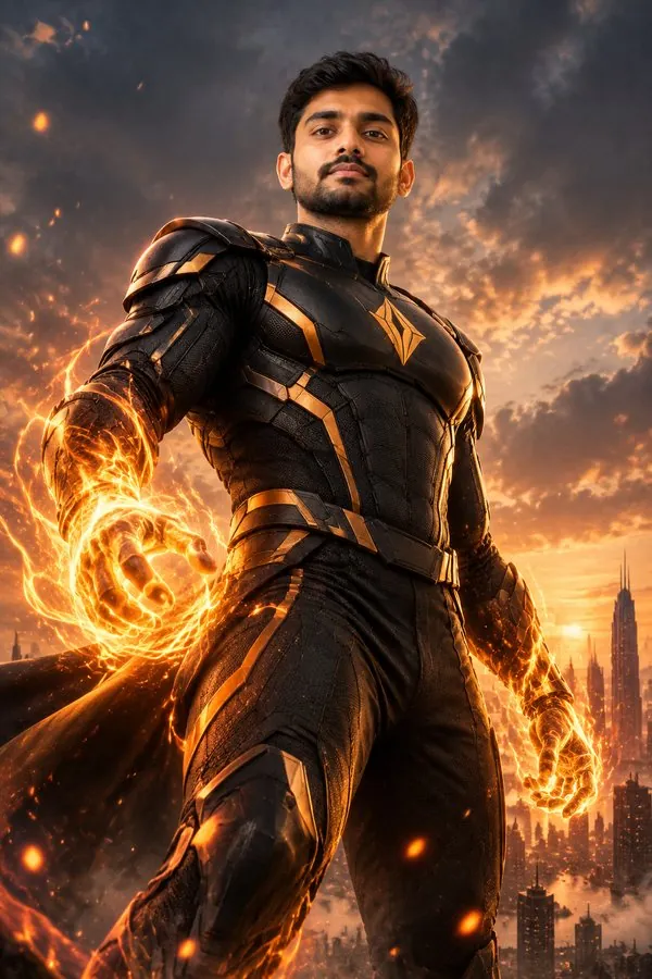 Superhero generator: a portrait and the original superhero poster made from it