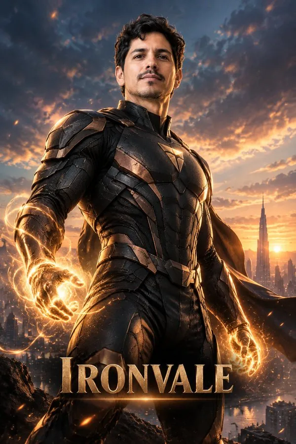 Superhero generator result: an original hero poster with the uploaded face — result