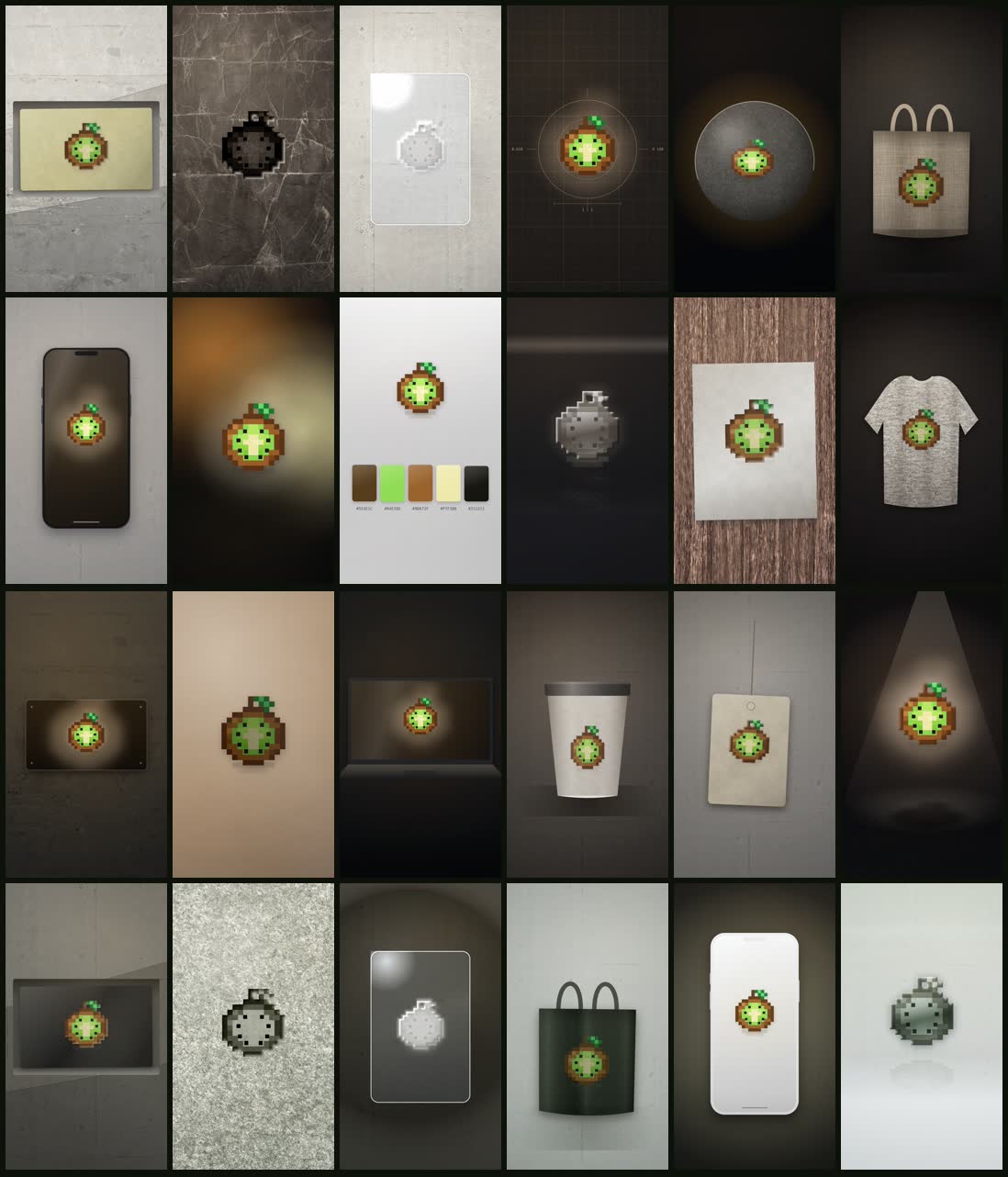 Contact sheet of 24 Logo Motion scenes rendered with the same logo