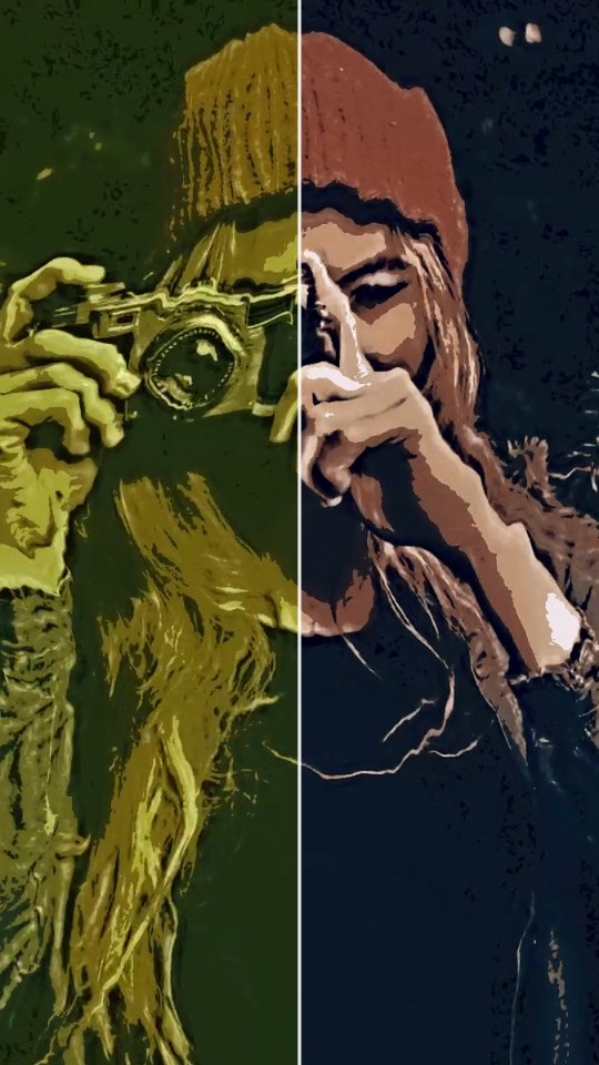 A finished matcha clip on the left, the same frame de-greened on the right — the warped shapes stay warped. — rendered sample