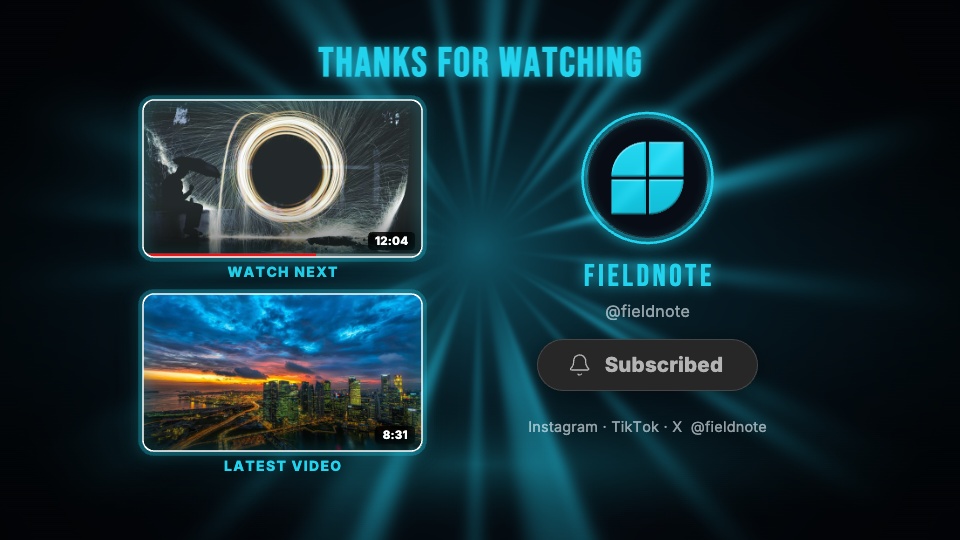 Neon tube traced around each card and the channel ring, beams turning behind. — rendered sample