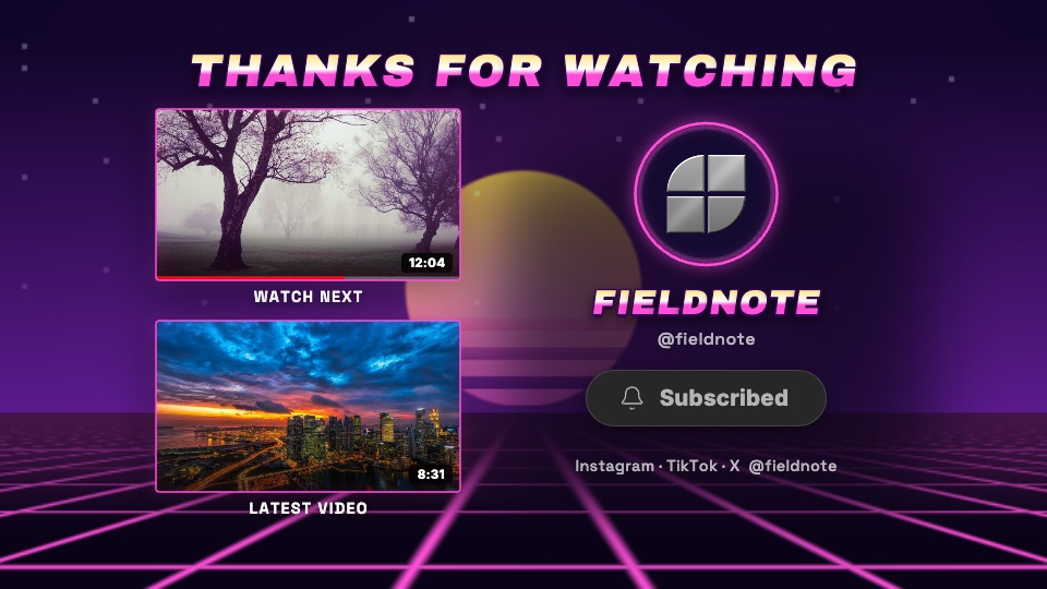 Synthwave sunset over a scrolling grid, chrome italic name, magenta glow on the cards. — rendered sample