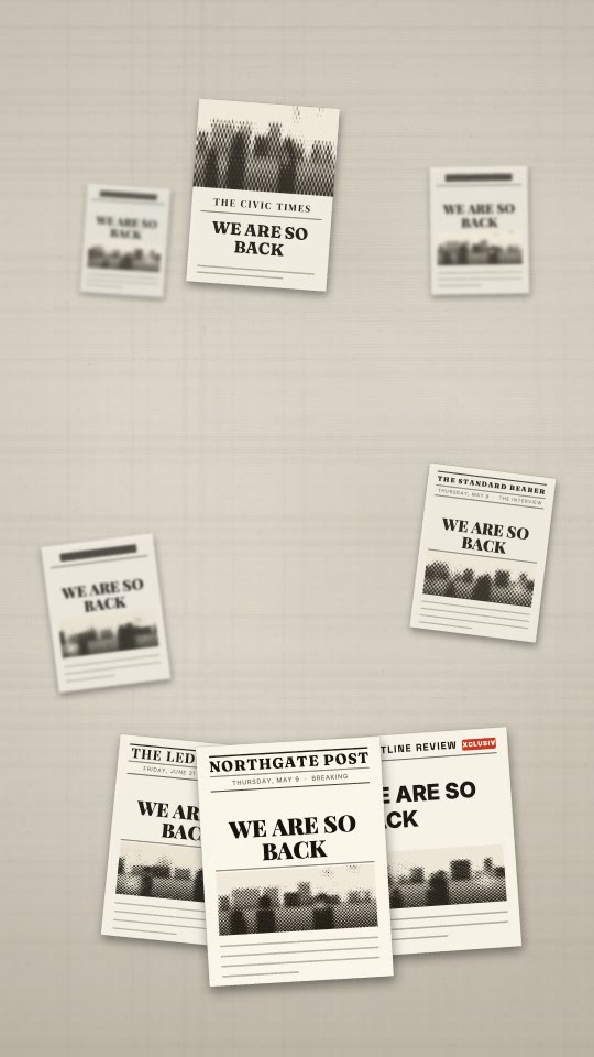 Ten front pages pile up behind an "as seen in" strip. — rendered sample