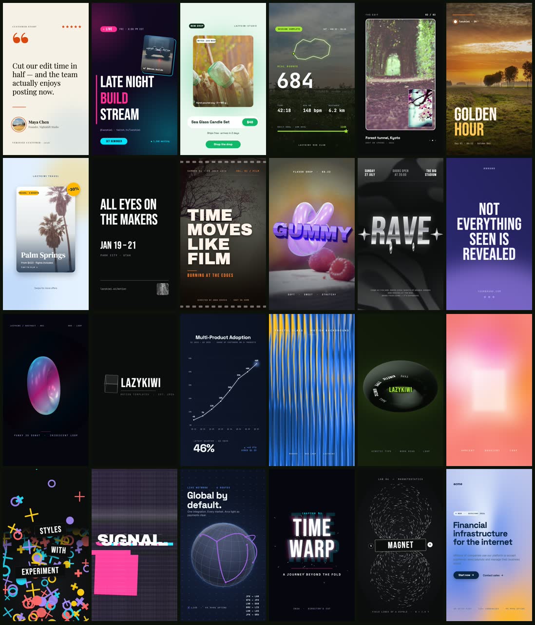 Contact sheet of all 24 LazyKiwi motion graphics templates