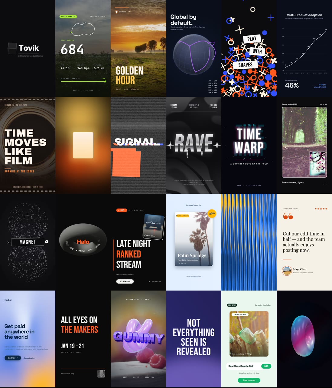 Contact sheet of all 24 LazyKiwi motion graphics templates