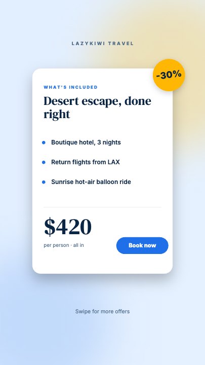 Offer Card Flip template at 3.6s — Perks, price, button