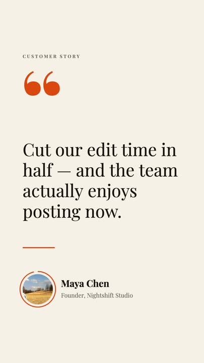 Stacked Testimonial template at 2.4s — The quote finishes, the attribution lands