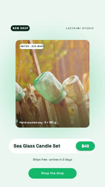 Product Drop Reveal template at 2.4s — Badge, name and price