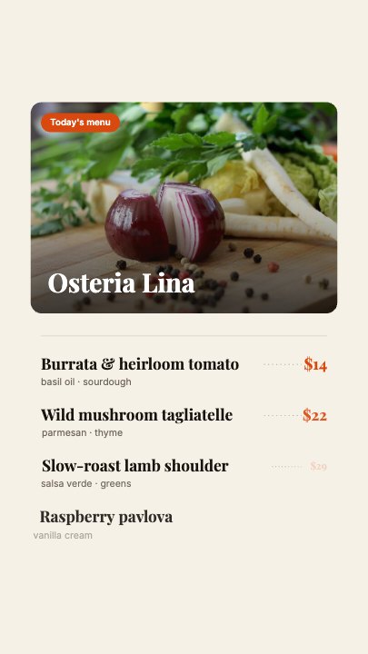 Animated Menu Board template at 1.6s — The rows build