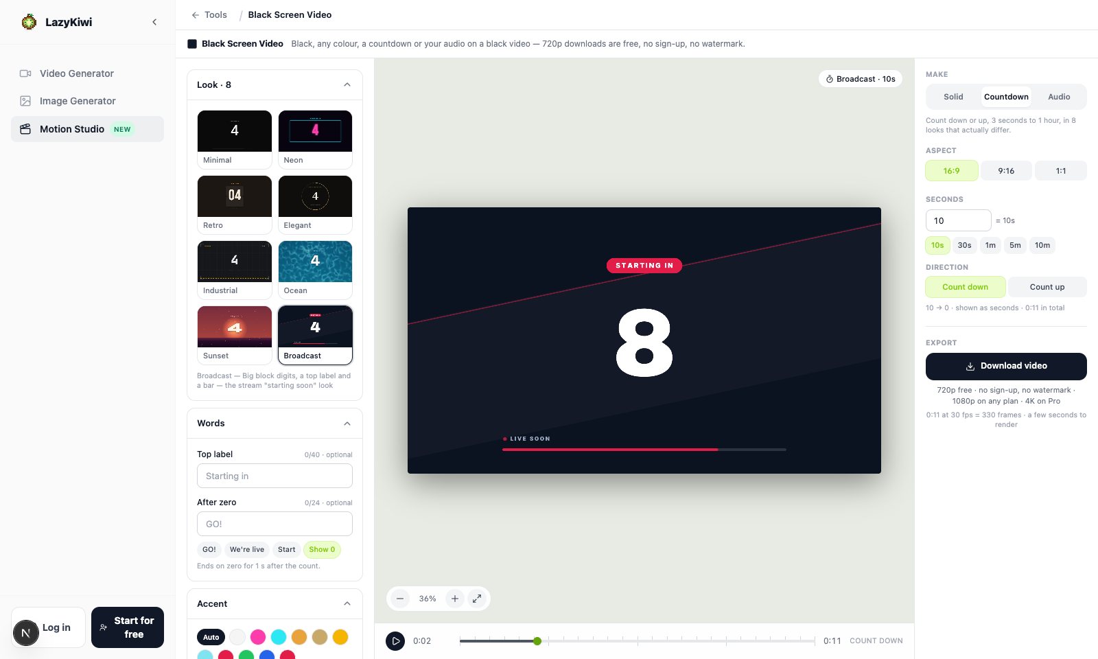 Black Screen Video in Countdown mode: the Broadcast look on the stage at 8 seconds to go, all eight look cards drawn as real frames on the left, and the seconds, direction, ratio and download controls on the right.