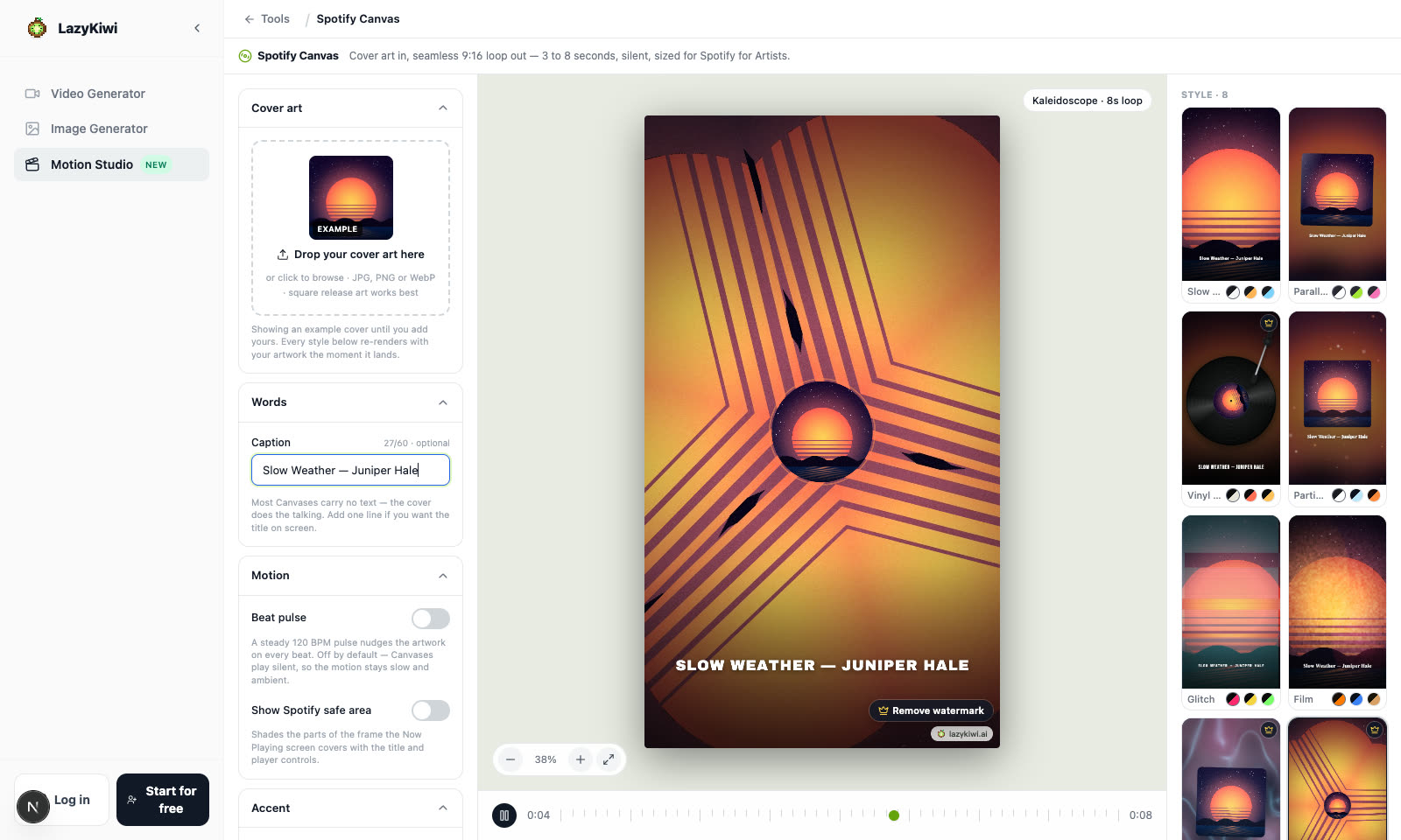 Spotify Canvas Maker on the example cover: Kaleidoscope · Six on the stage at 8 seconds with a caption set, and all eight style cards redrawn from that cover, the three premium ones marked with a crown.