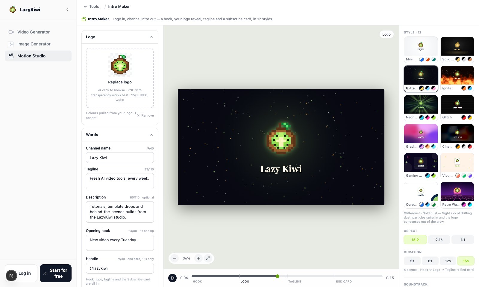 Intro Maker with a logo dropped in: Glitterdust paused on the logo reveal, all 12 style cards redrawn from that logo, and a 15-second timeline split into Hook, Logo, Tagline and End card.