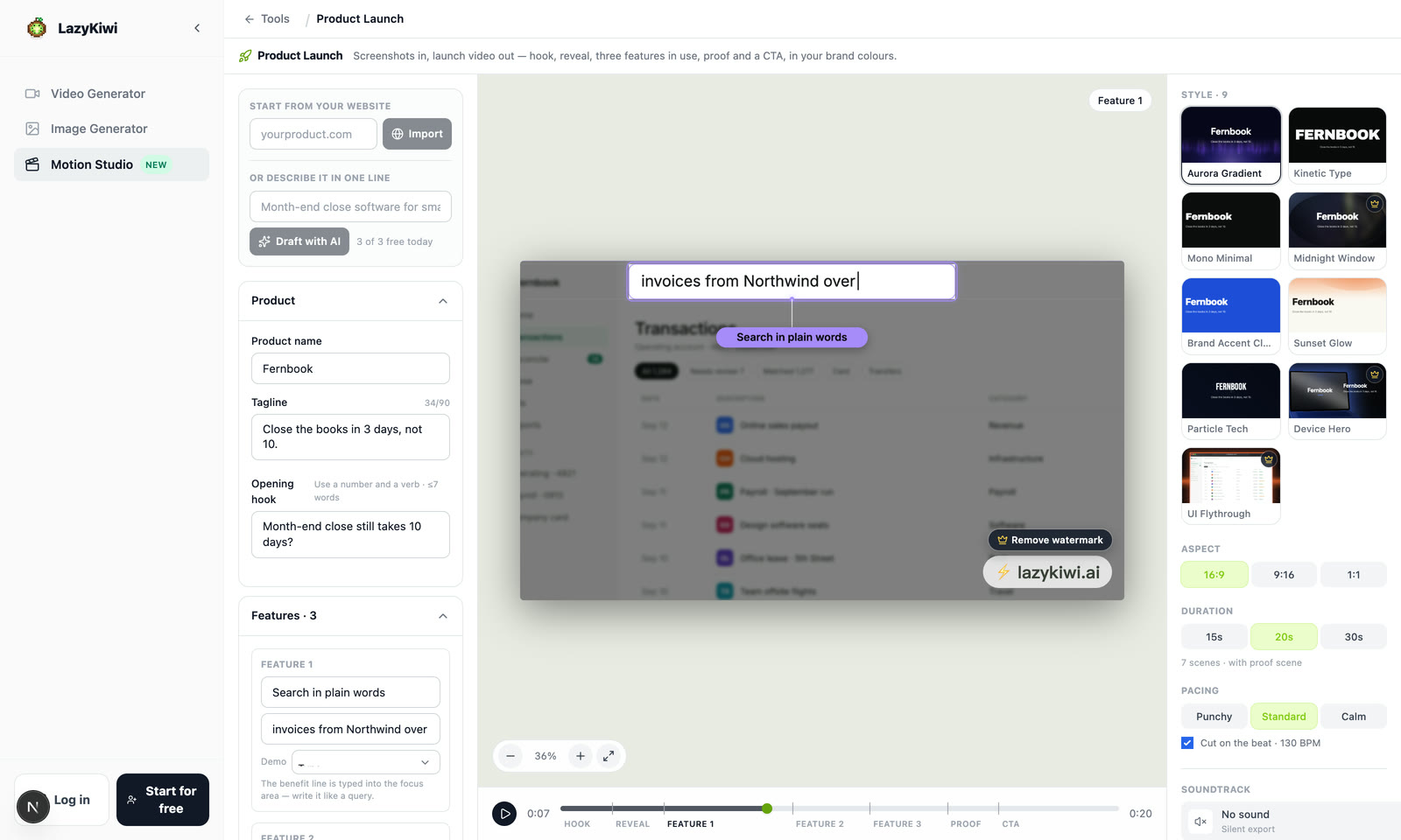 Product Launch in Motion Studio: the brief on the left, the preview and beat timeline in the middle, styles, ratio, length, pacing, soundtrack and download on the right.