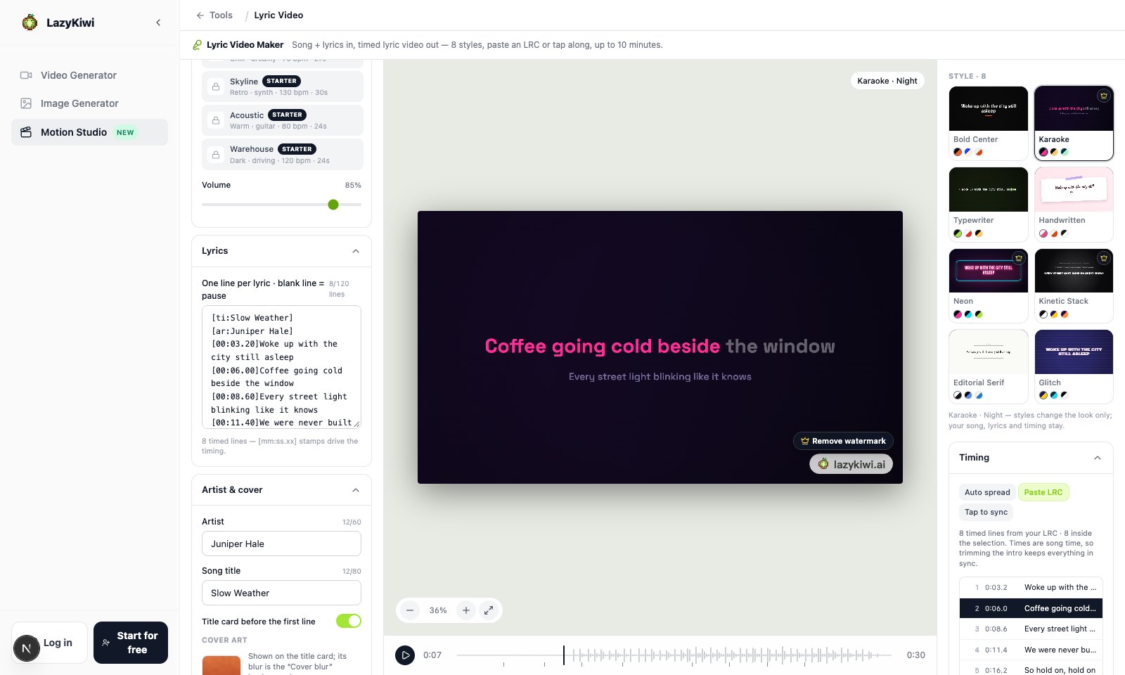 The Lyric Video Maker on its demo song: the pasted LRC on the left, Karaoke · Night paused mid-line on the stage, the eight style cards redrawn with those same lyrics, and every line numbered with the second it starts.