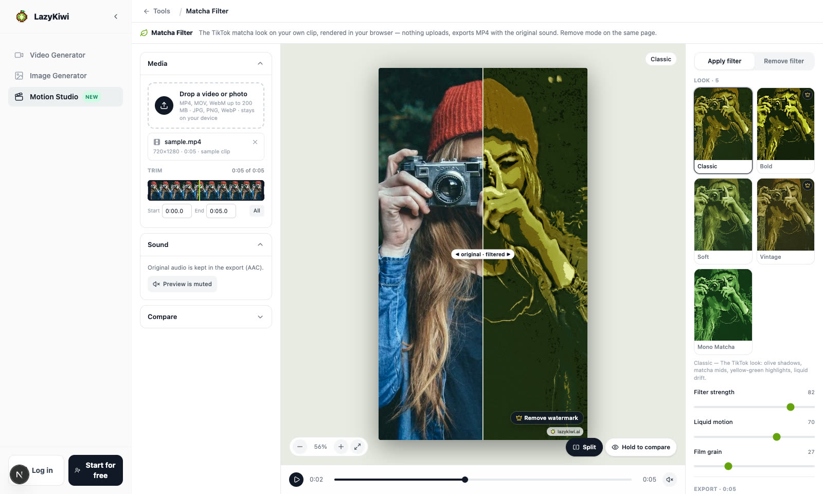 The Matcha Filter tool on the sample clip with Split switched on: untouched footage on the left of the line, the Classic look on the right, the five look cards rendered from that same frame, and Filter strength 82 · Liquid motion 70 · Film grain 27 on the right.