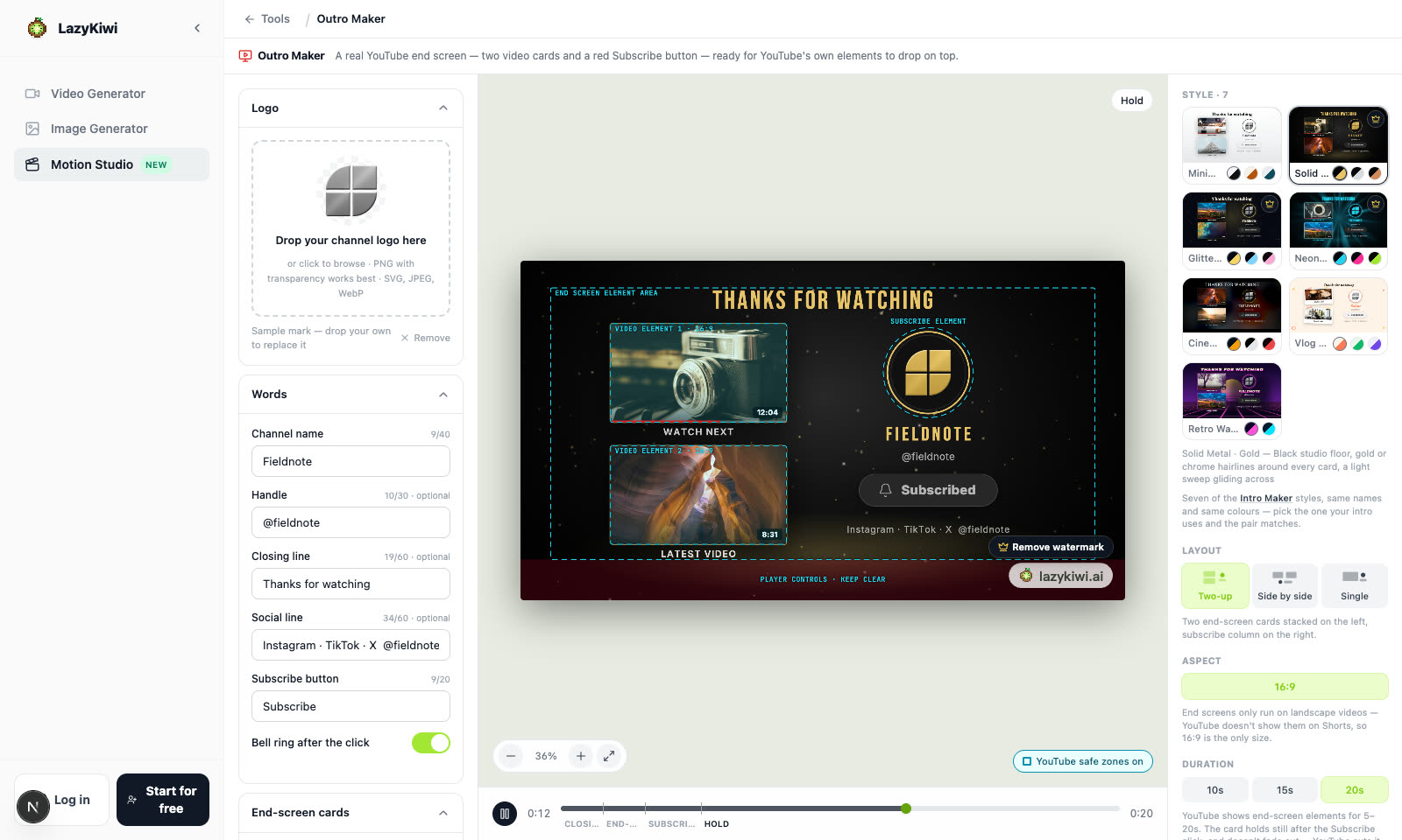 Outro Maker with the safe zones switched on: Solid Metal · Gold in the two-up layout, dashed guides marking where YouTube's two video elements and the subscribe circle land, and the seven style cards redrawn from the same brand.