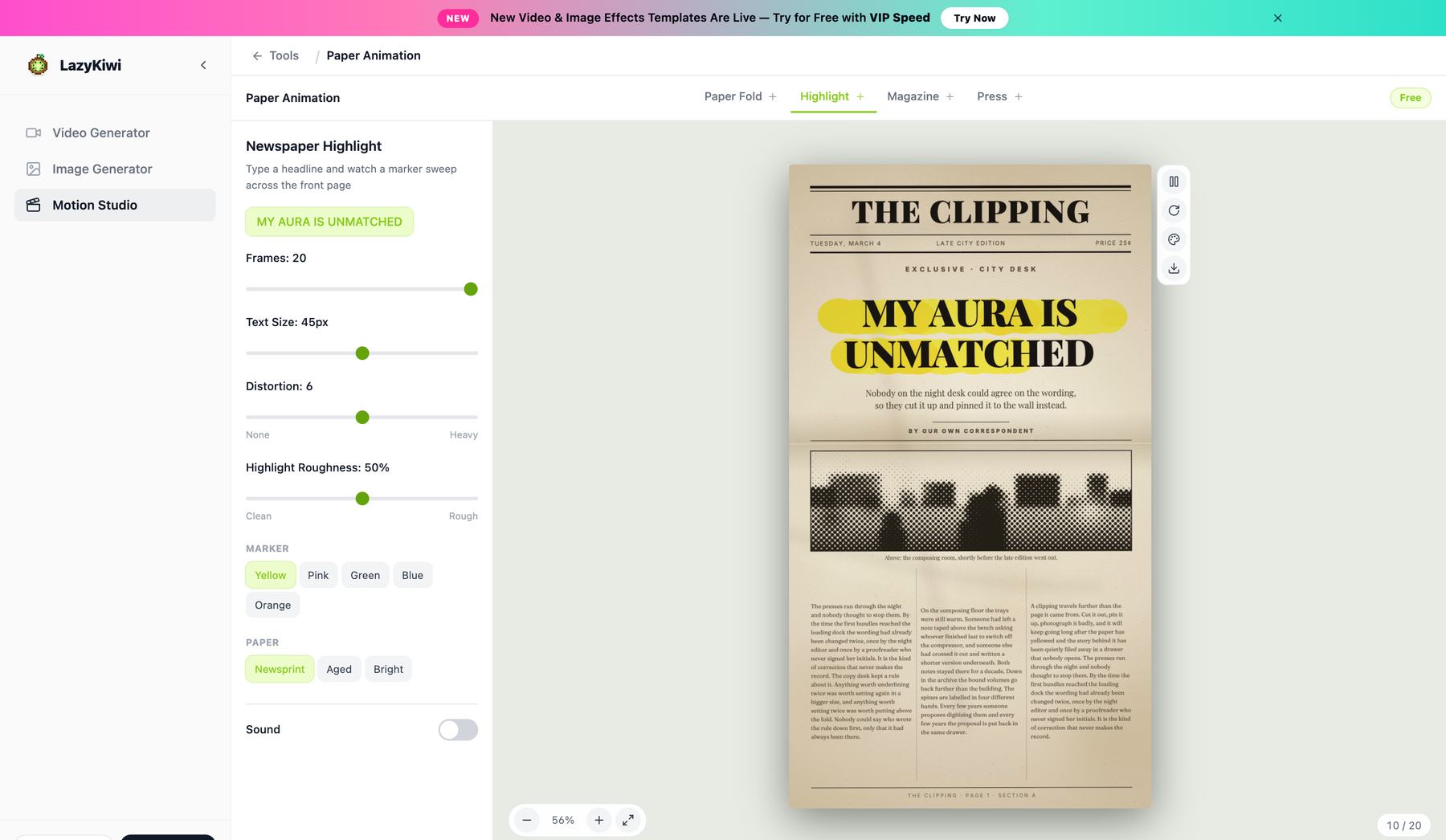Paper Animation: mode picker, headline field, paper stock and frame-count controls, with the stop-motion preview on the left.
