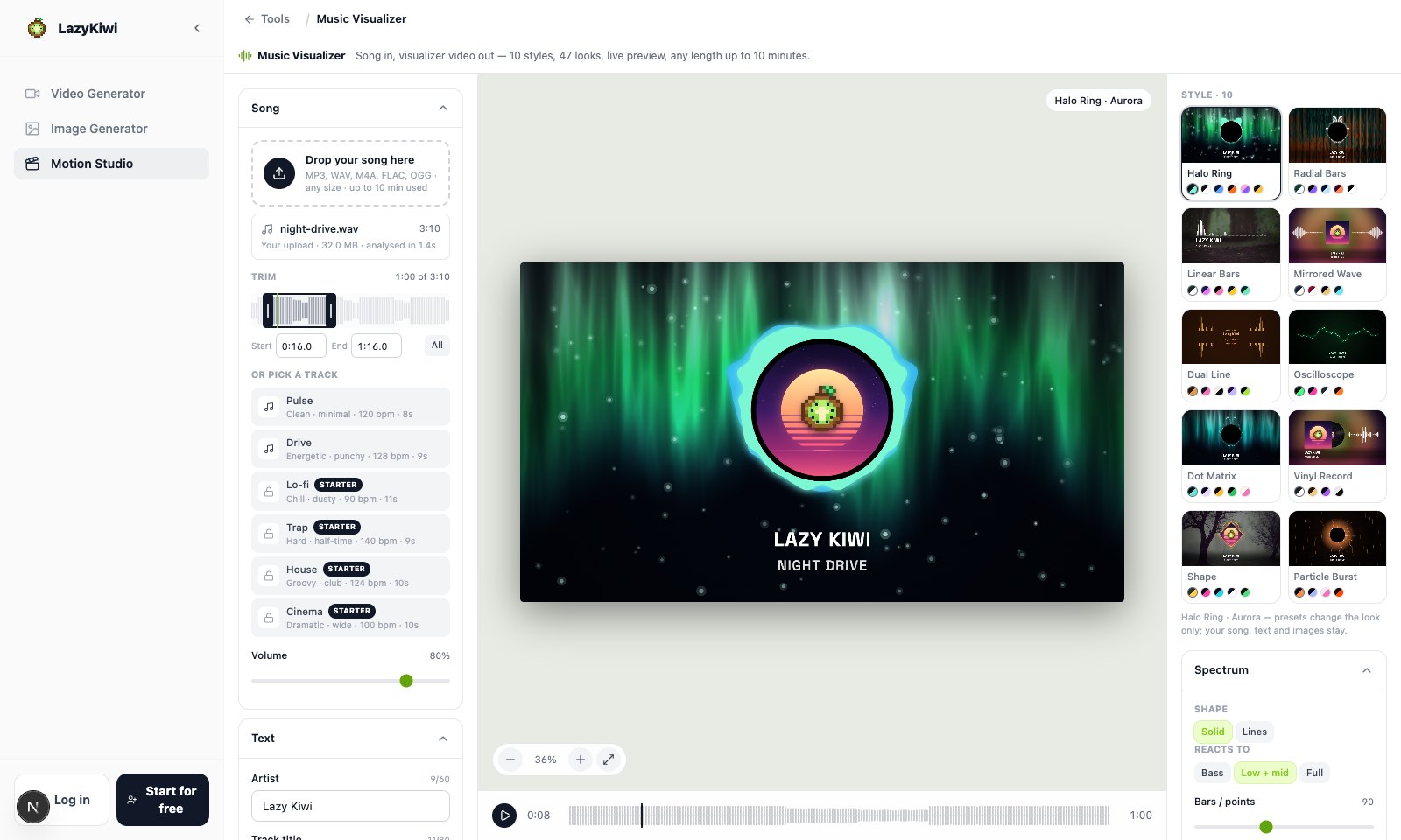 Music Visualizer with a three-minute test song dropped in and trimmed to one minute: Halo Ring · Aurora on the stage, the song's energy bar and built-in tracks on the left, all 10 style cards and the Spectrum panel on the right.