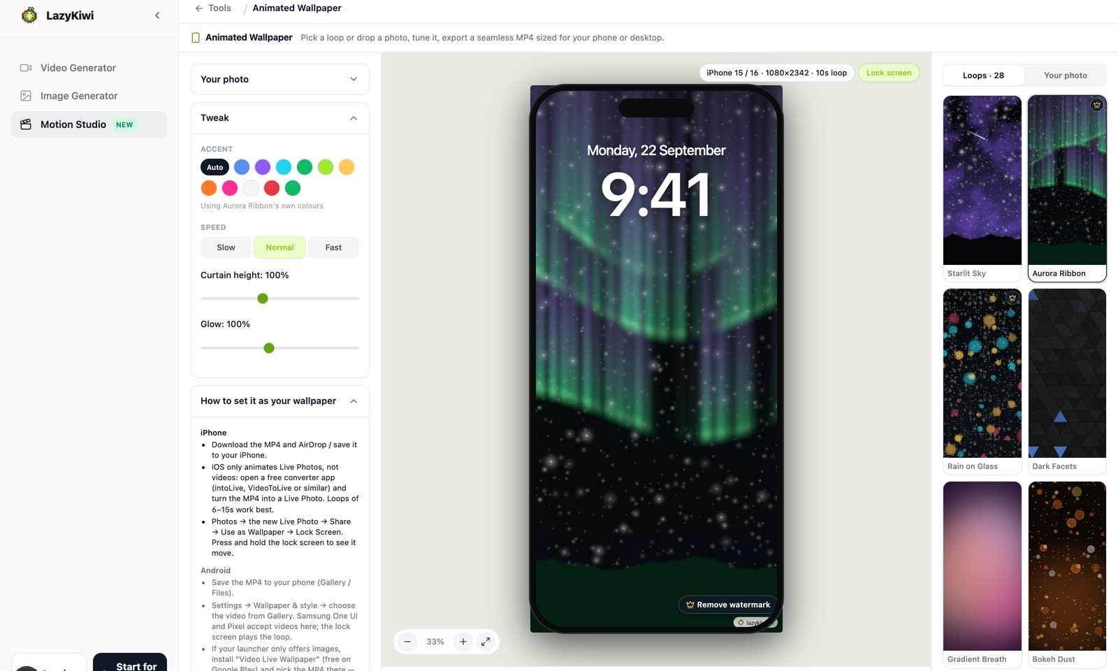 Animated Wallpaper Maker on Aurora Ribbon at the iPhone 15/16 size: the lock-screen bezel and 9:41 clock over the loop, the loop cards on the right with the premium ones crowned, and Curtain height and Glow on the left.