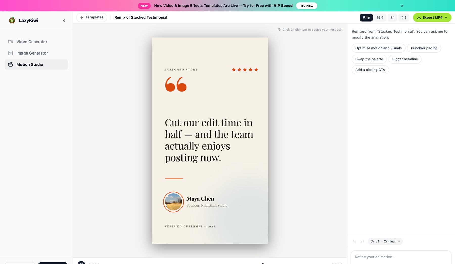 Motion Studio: preview stage, assistant panel with quick actions, a version bar of previous takes, and the export row showing the credit cost before you spend it.