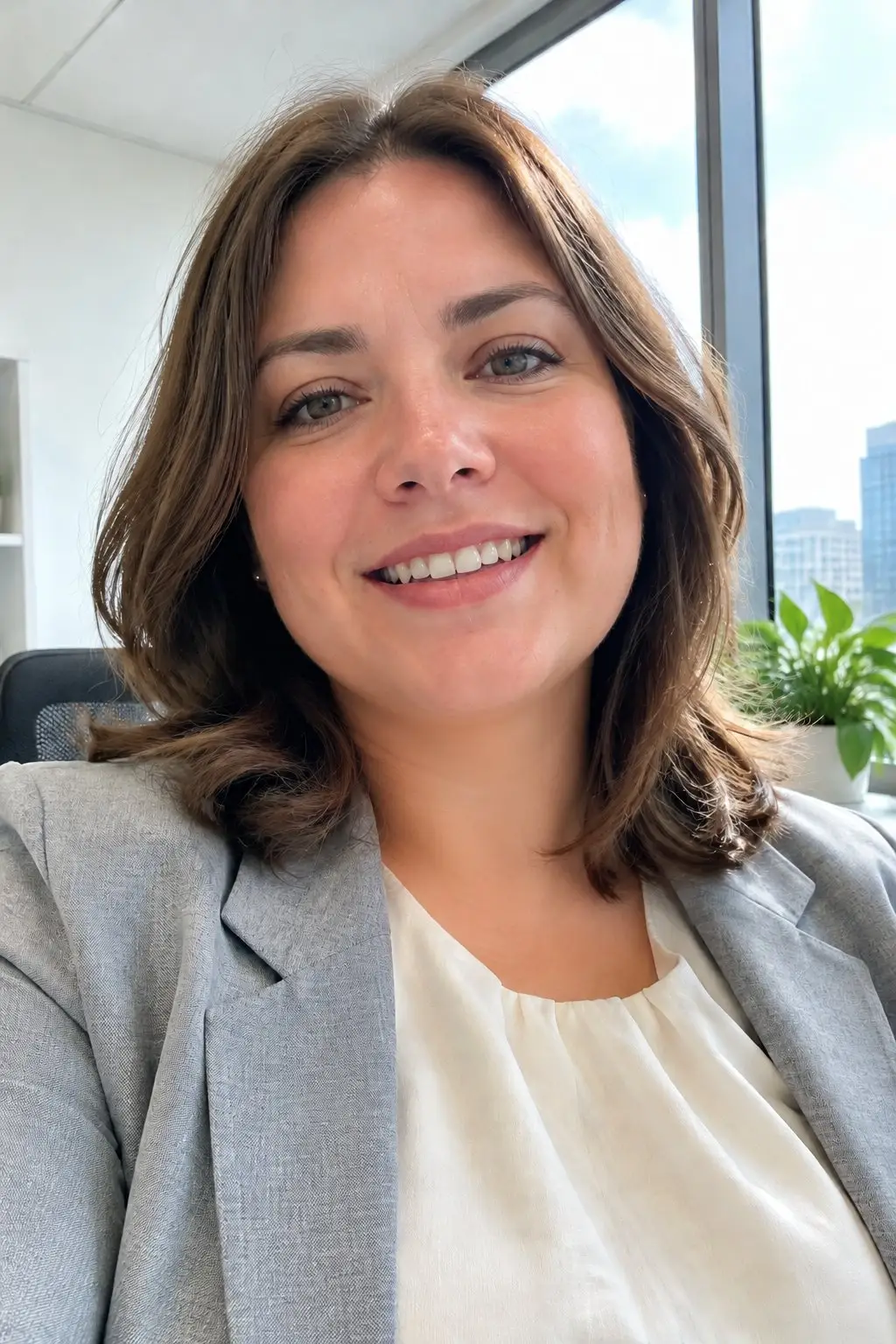 Double chin remover: an office selfie with a softer chin