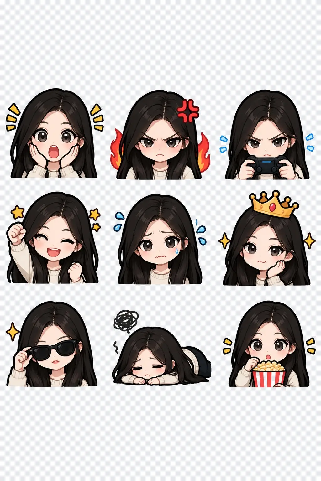 Twitch emote maker: a portrait turned into nine bold cartoon emotes